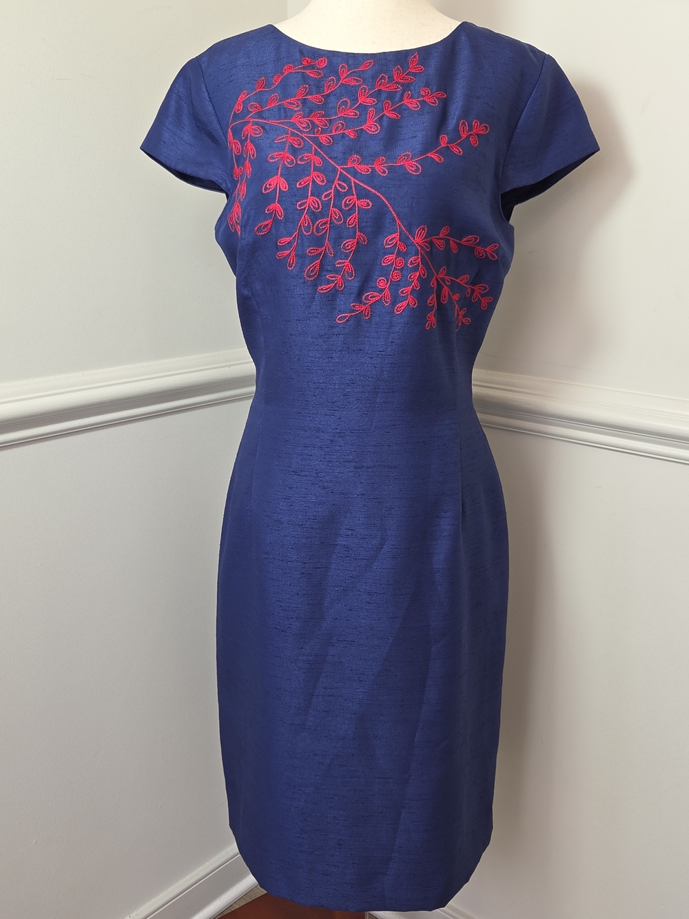 Preston & York Dress Womens 8 Blue Red Embroidered Sheath Cocktail Career